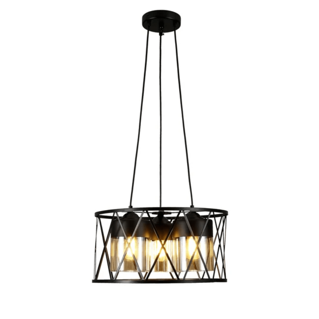 TKLD Pendant & Chandeliers Black Caged Metal Amber Cylinder Glass Chandelier Ceiling Light