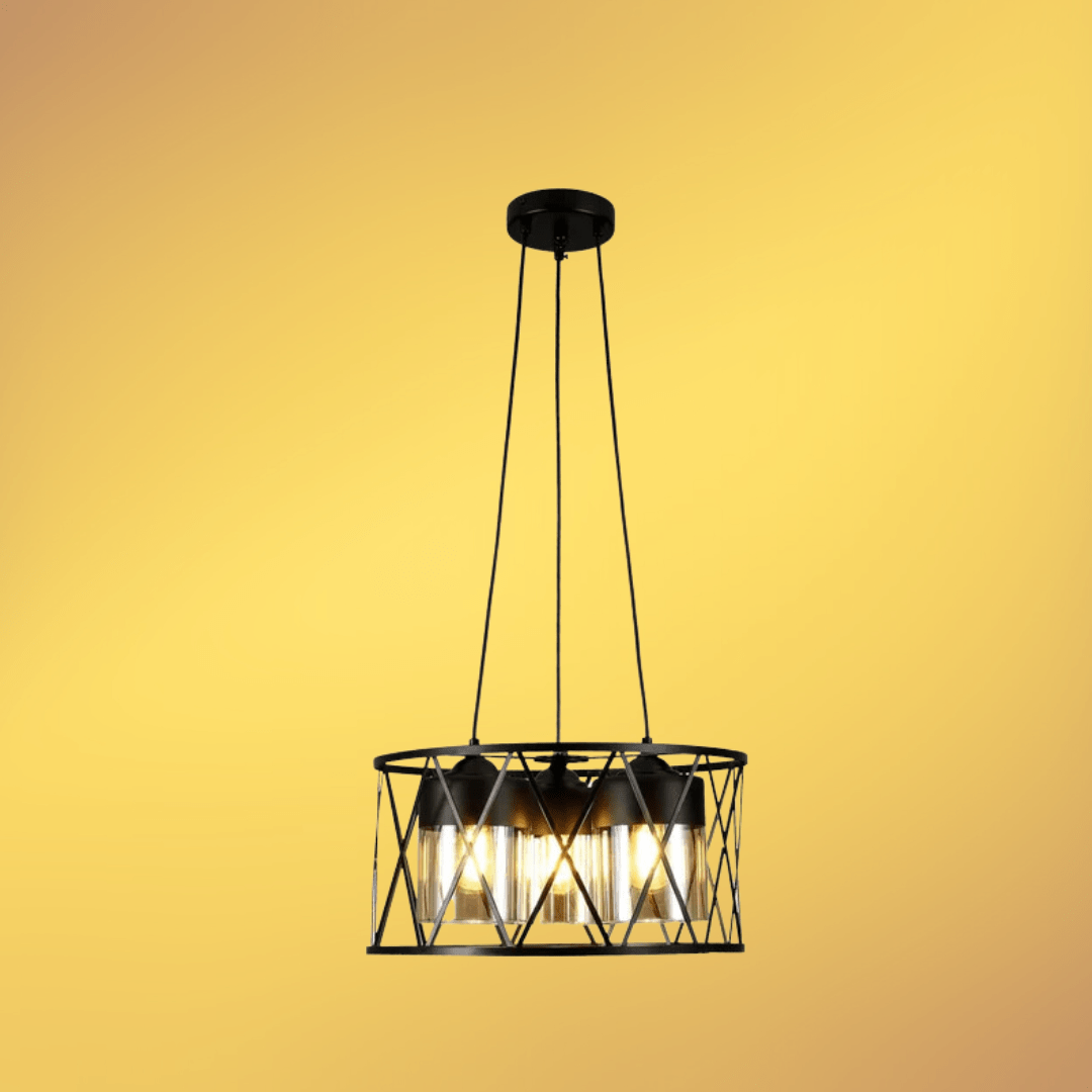 TKLD Pendant & Chandeliers Black Caged Metal Amber Cylinder Glass Chandelier Ceiling Light