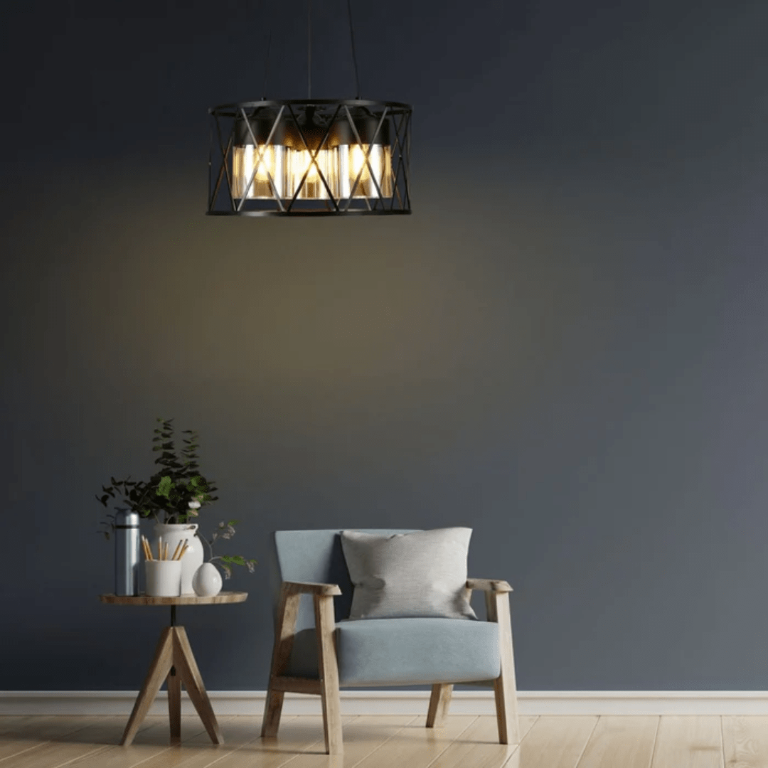 TKLD Pendant & Chandeliers Black Caged Metal Amber Cylinder Glass Chandelier Ceiling Light