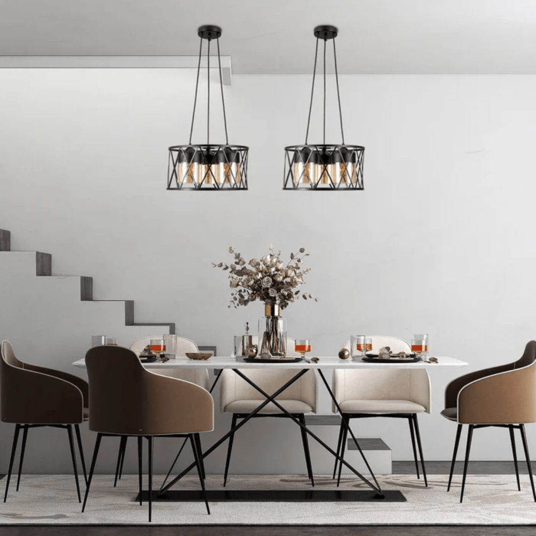 TKLD Pendant & Chandeliers Black Caged Metal Amber Cylinder Glass Chandelier Ceiling Light