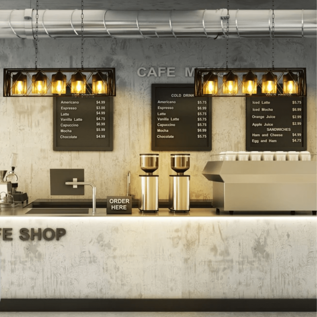 TKLD Pendant & Chandeliers Black Caged Metal Amber Cylinder Glass Island 5xE27 Chandelier Ceiling Light