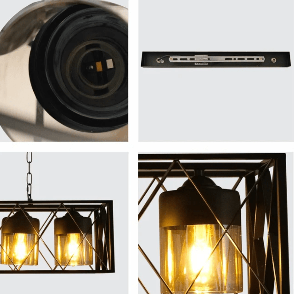 TKLD Pendant & Chandeliers Black Caged Metal Amber Cylinder Glass Island 5xE27 Chandelier Ceiling Light