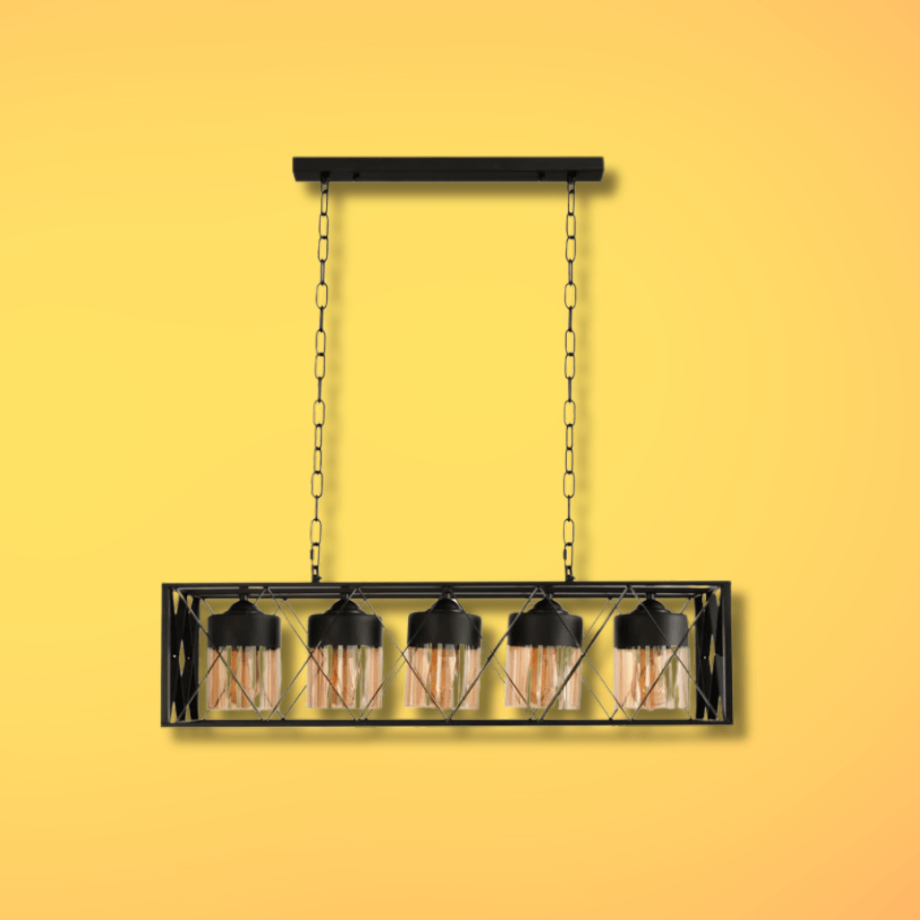 TKLD Pendant & Chandeliers Black Caged Metal Amber Cylinder Glass Island 5xE27 Chandelier Ceiling Light