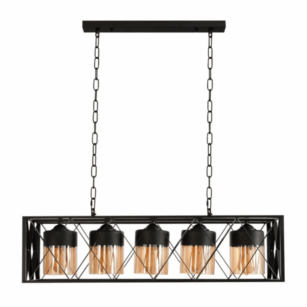 TKLD Pendant & Chandeliers Black Caged Metal Amber Cylinder Glass Island 5xE27 Chandelier Ceiling Light