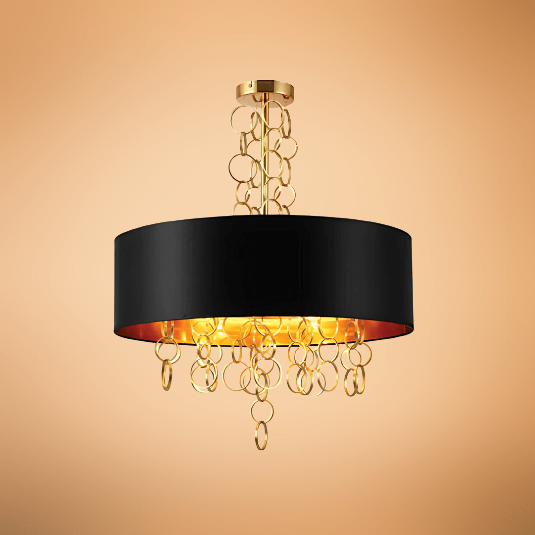 TKLD Pendant & Chandeliers Black Copper Fabric Drum Shade Gold Ring Chandelier Ceiling Light - 40W