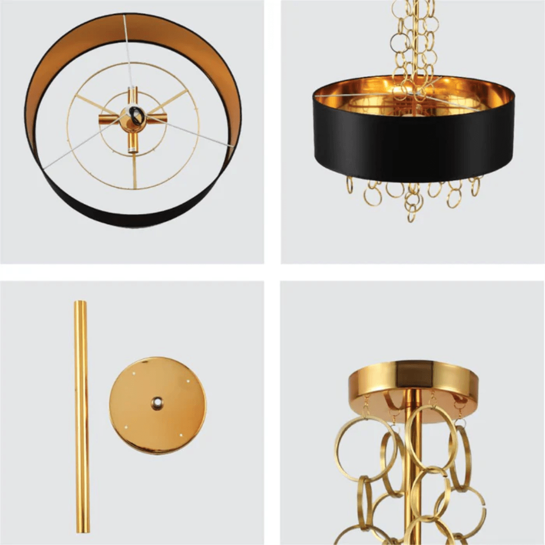 TKLD Pendant & Chandeliers Black Copper Fabric Drum Shade Gold Ring Chandelier Ceiling Light - 40W