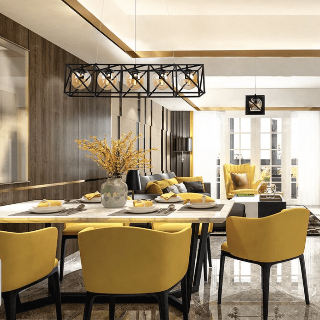 TKLD Pendant & Chandeliers Black Cuboid Metal Amber Globe Glass Island 5xE27 Chandelier Ceiling Light