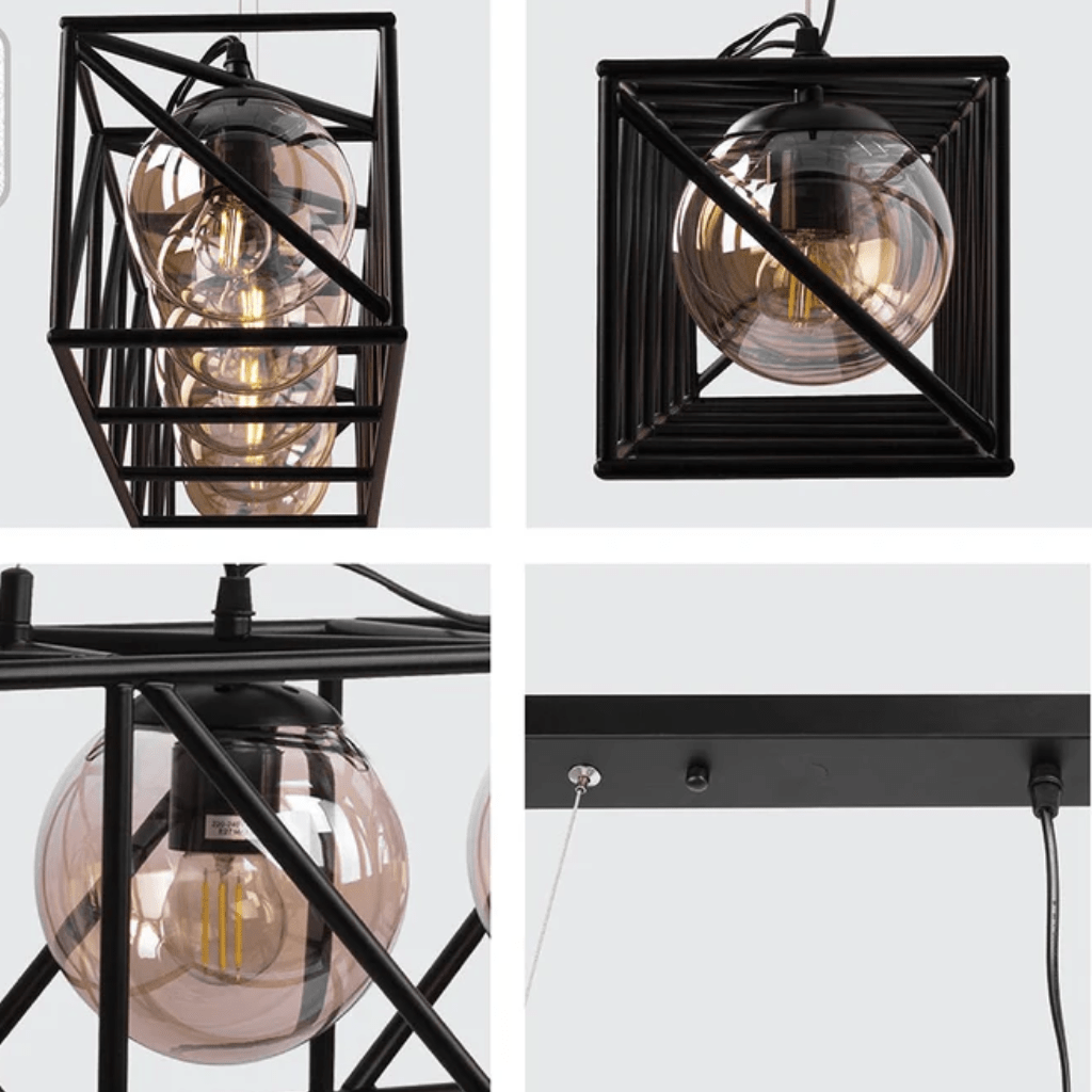 TKLD Pendant & Chandeliers Black Cuboid Metal Amber Globe Glass Island 5xE27 Chandelier Ceiling Light
