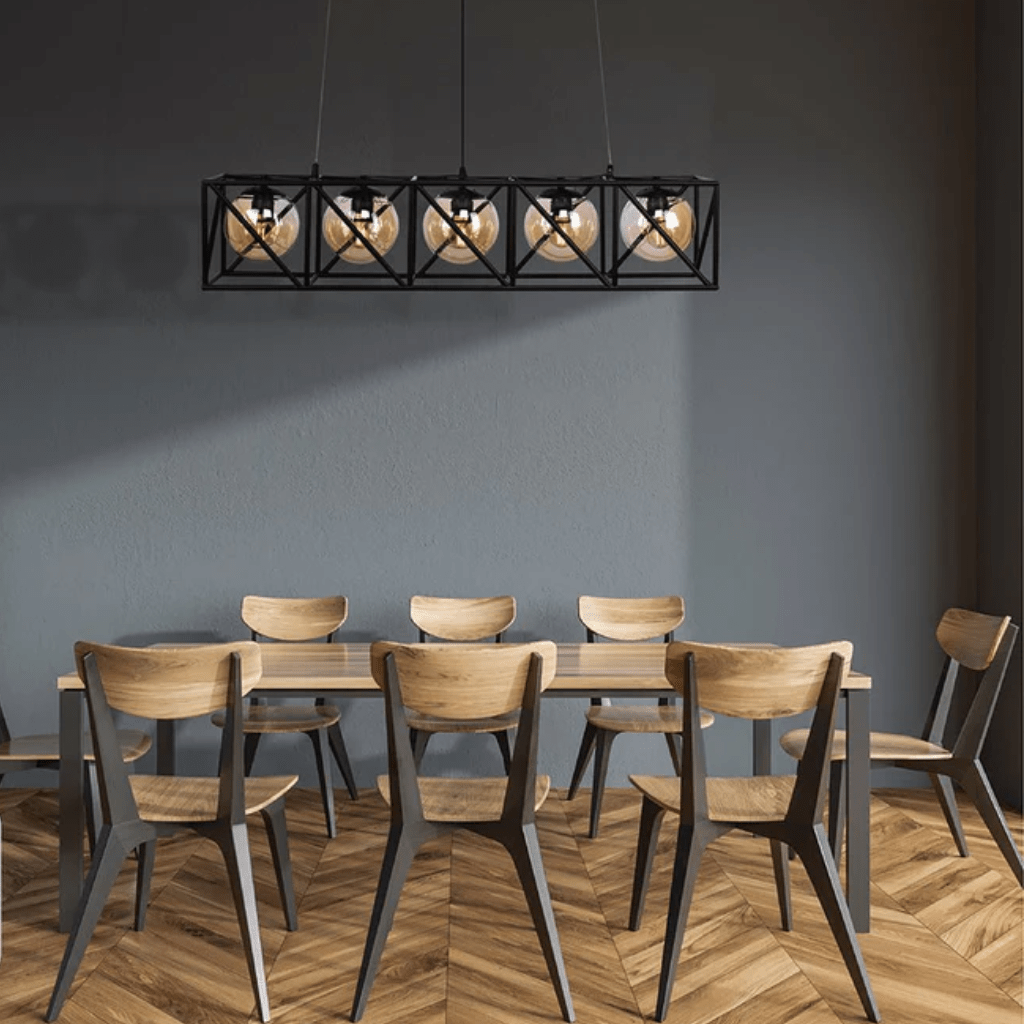 TKLD Pendant & Chandeliers Black Cuboid Metal Amber Globe Glass Island 5xE27 Chandelier Ceiling Light