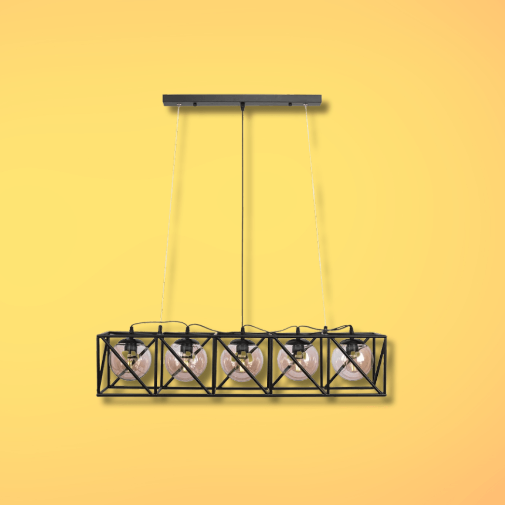 TKLD Pendant & Chandeliers Black Cuboid Metal Amber Globe Glass Island 5xE27 Chandelier Ceiling Light