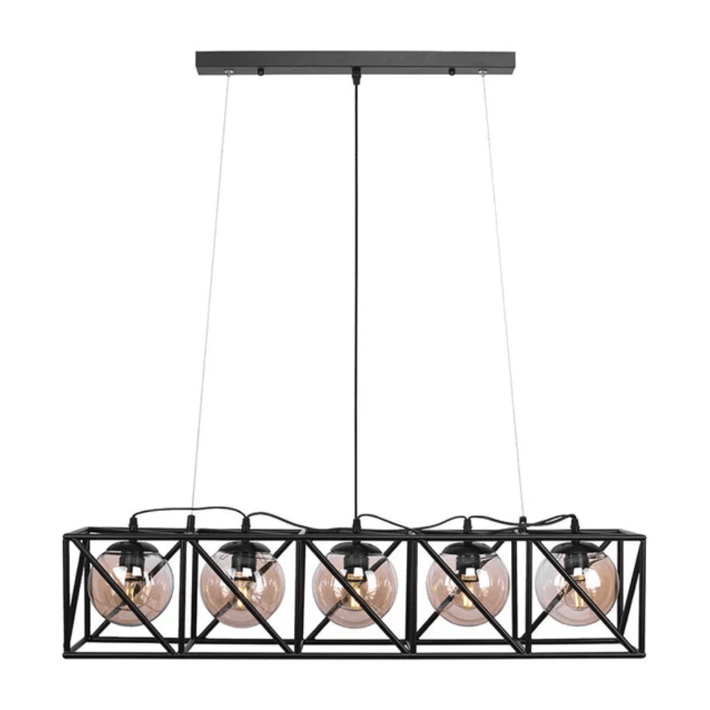TKLD Pendant & Chandeliers Black Cuboid Metal Amber Globe Glass Island 5xE27 Chandelier Ceiling Light