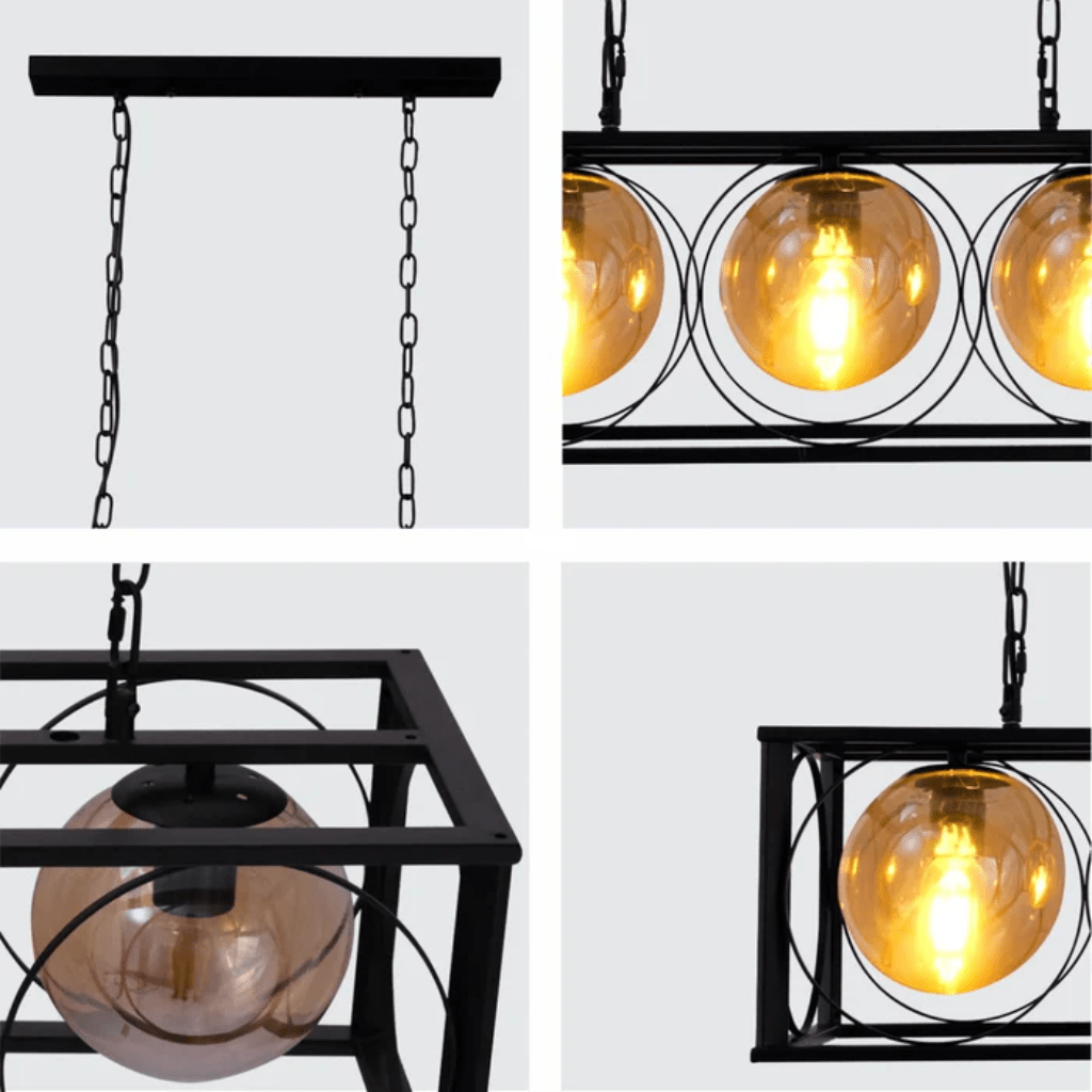 TKLD Pendant & Chandeliers Black Cuboid Metal Amber Globe Glass Island Chandelier Ceiling Light 3xE27