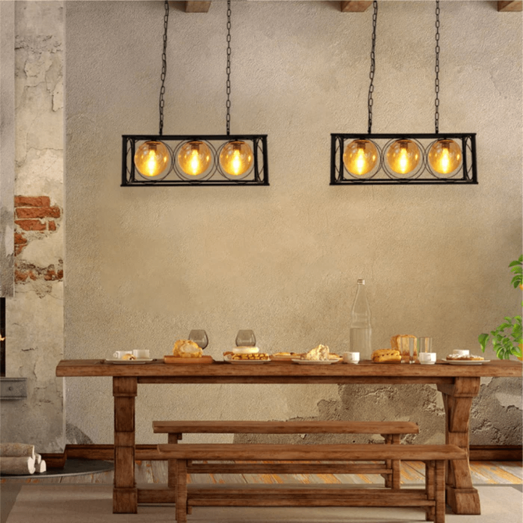 TKLD Pendant & Chandeliers Black Cuboid Metal Amber Globe Glass Island Chandelier Ceiling Light 3xE27