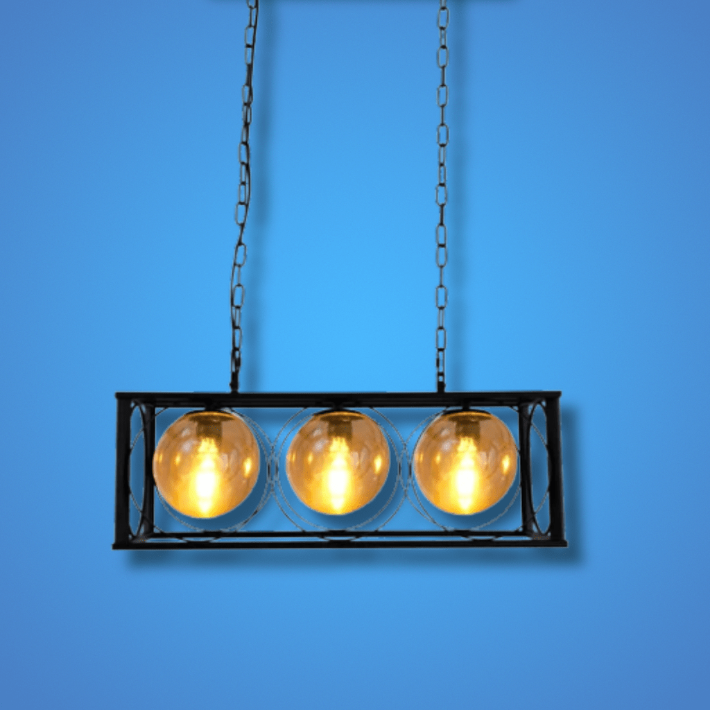 TKLD Pendant & Chandeliers Black Cuboid Metal Amber Globe Glass Island Chandelier Ceiling Light 3xE27