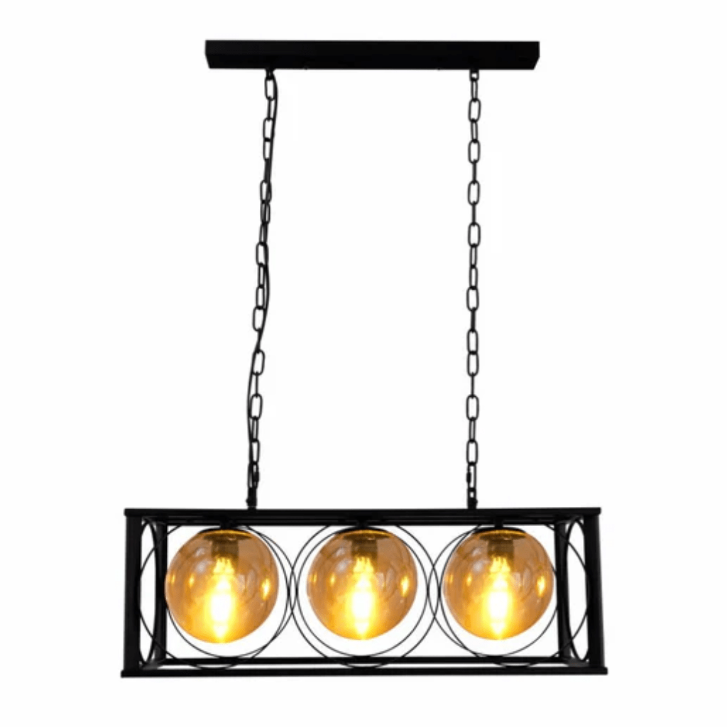 TKLD Pendant & Chandeliers Black Cuboid Metal Amber Globe Glass Island Chandelier Ceiling Light 3xE27