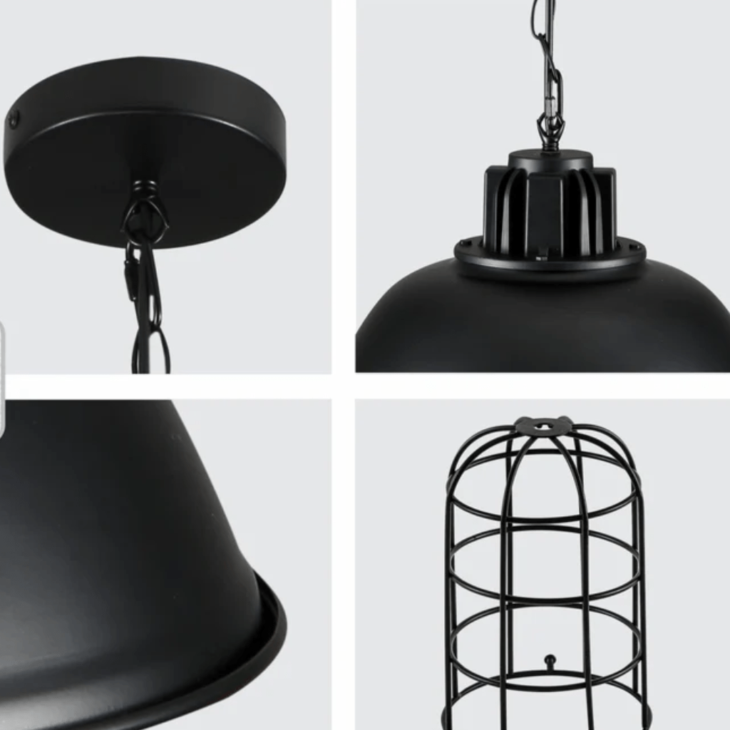 TKLD Pendant & Chandeliers Black Dome Caged Industrial Metal E27 Ceiling Pendant Light