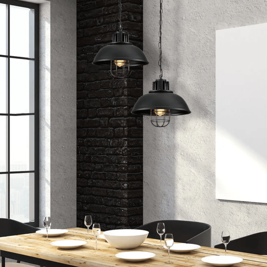 TKLD Pendant & Chandeliers Black Dome Caged Industrial Metal E27 Ceiling Pendant Light