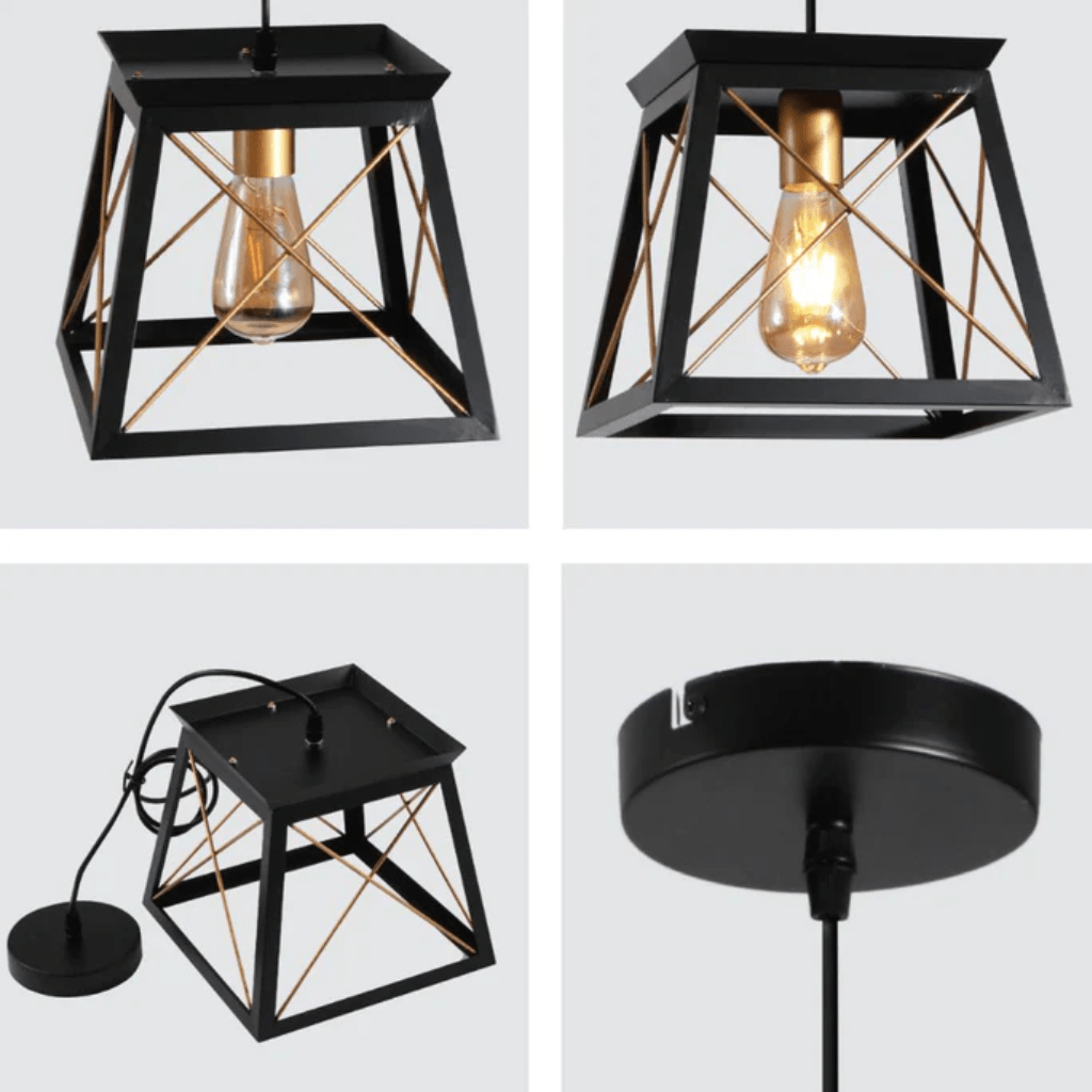 TKLD Pendant & Chandeliers Black Gold Caged Industrial Retro Square E27 Pendant Ceiling Light
