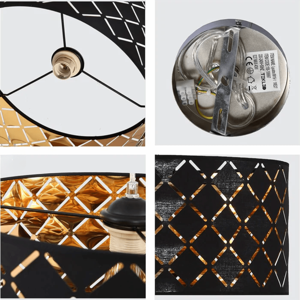 TKLD Pendant & Chandeliers Black & Gold Fabric Cylinder E27 Pendant Ceiling Light