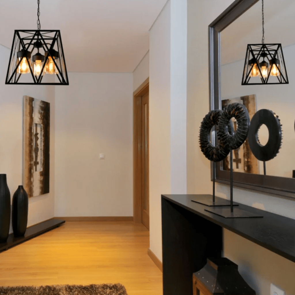 TKLD Pendant & Chandeliers Black Metal Body Amber Cylinder Glass Cage Cuboid E27 Chandelier Ceiling Light