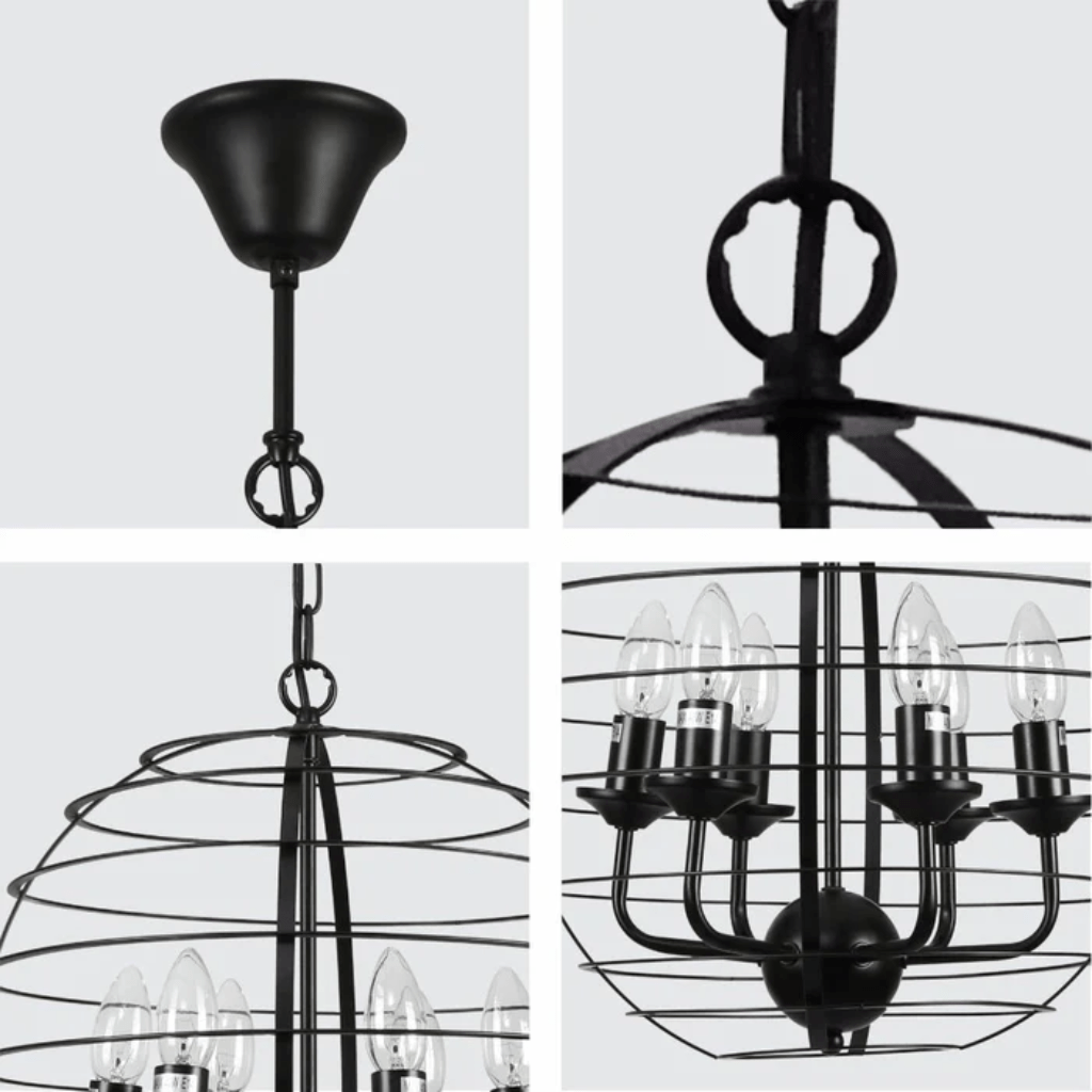 TKLD Pendant & Chandeliers Black Metal Cage Candle Lantern E14 Pendant Ceiling Light