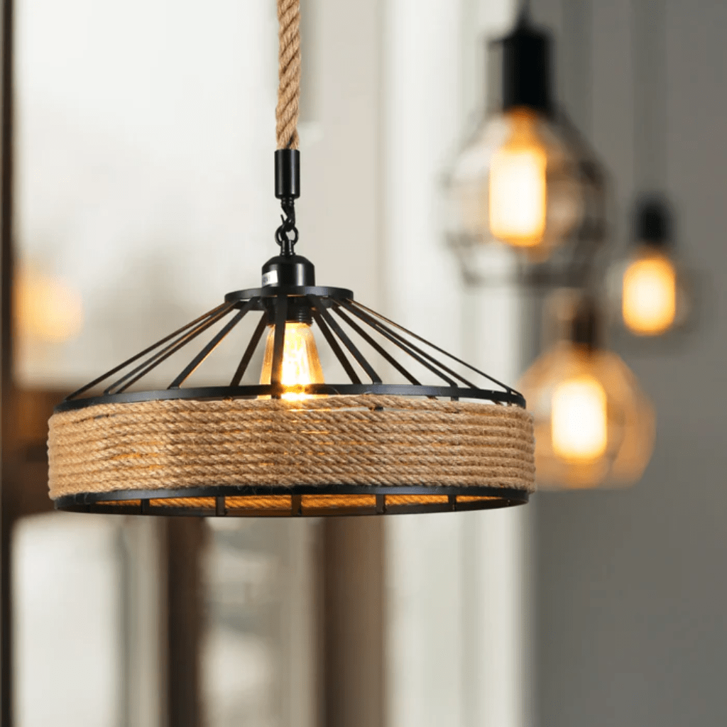 TKLD Pendant & Chandeliers Black Metal Hemp Rope Cage Pendant Ceiling Light E27 - D300mm/D400mm