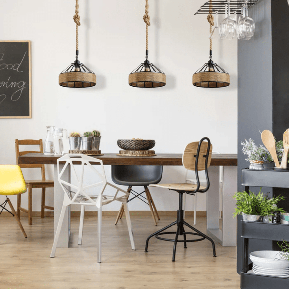 TKLD Pendant & Chandeliers Black Metal Hemp Rope Cage Pendant Ceiling Light E27 - D300mm/D400mm