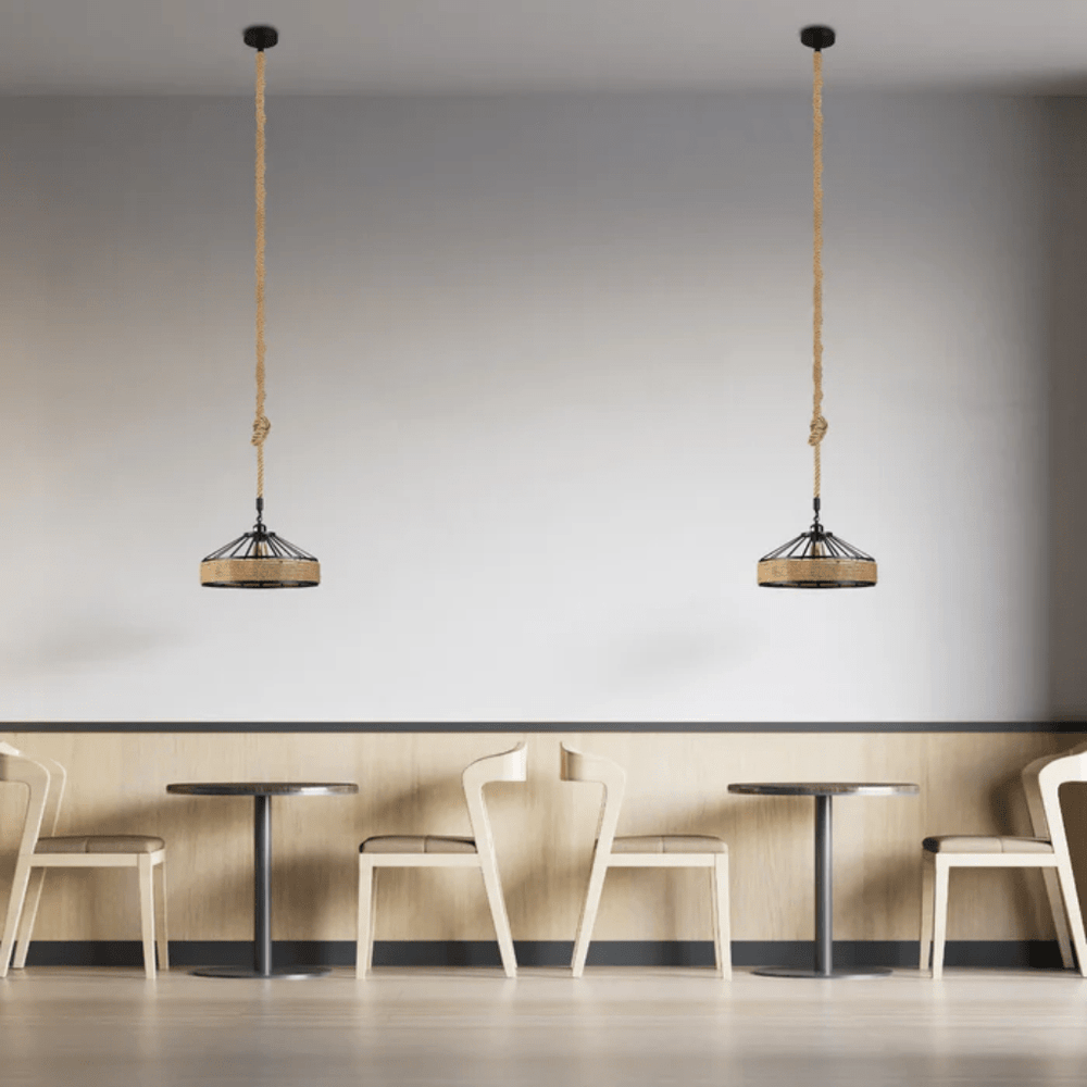 TKLD Pendant & Chandeliers Black Metal Hemp Rope Cage Pendant Ceiling Light E27 - D300mm/D400mm