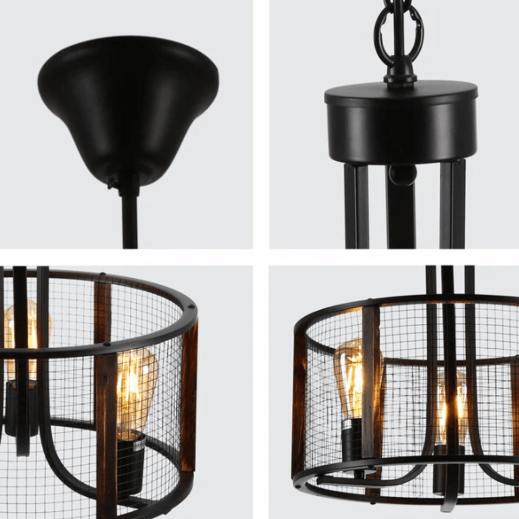 TKLD Pendant & Chandeliers Black Metal Natural Wood Cylinder Cage 3xE27 Pendant Ceiling Light