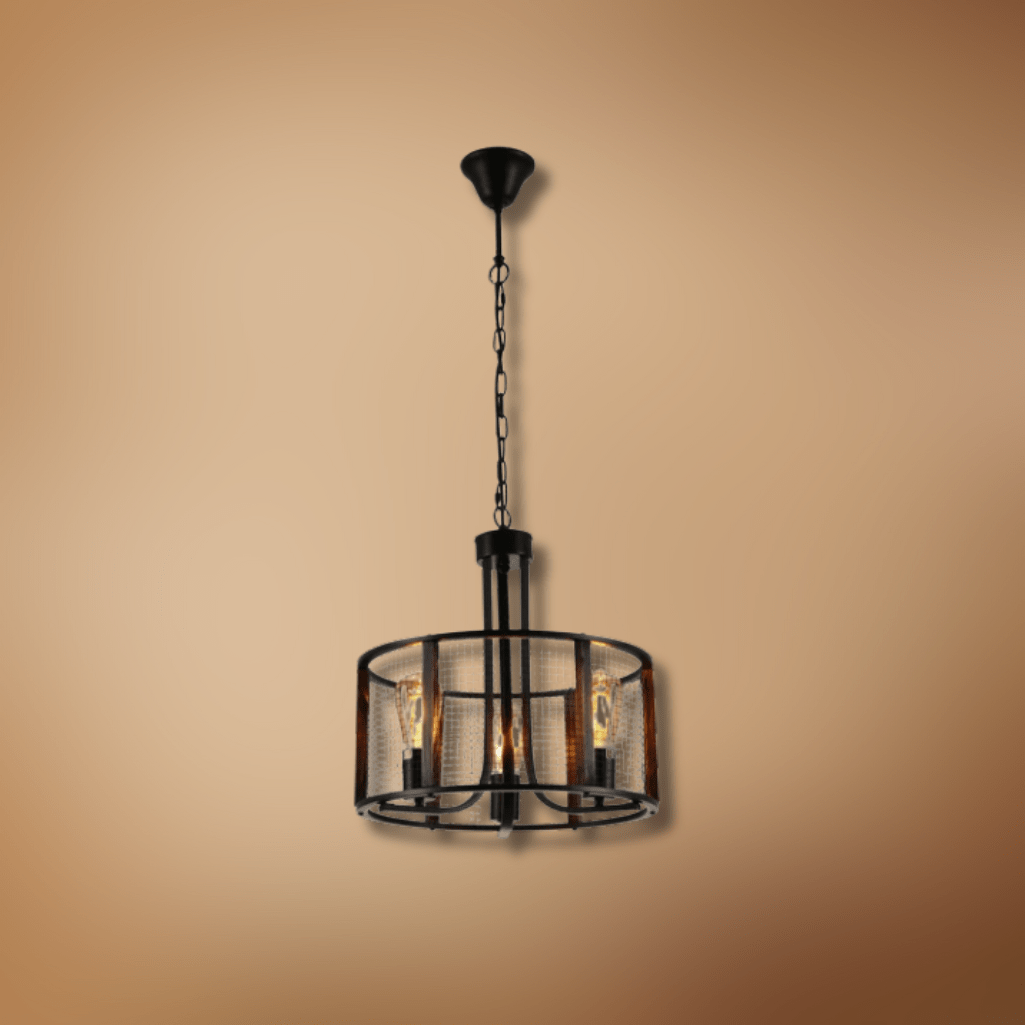 TKLD Pendant & Chandeliers Black Metal Natural Wood Cylinder Cage 3xE27 Pendant Ceiling Light