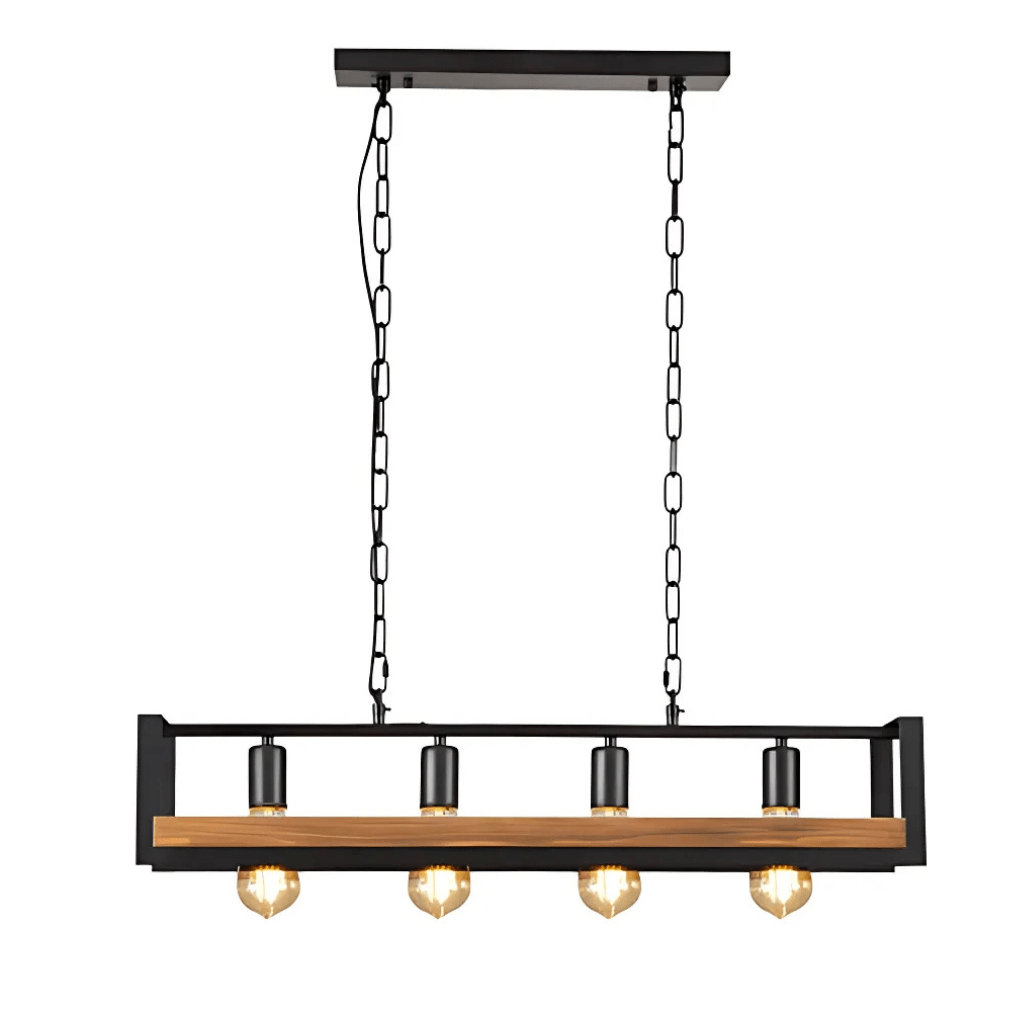 TKLD Pendant & Chandeliers Black Metal Wood Cuboid Island E27 Chandelier Ceiling Light - 4 Lamps