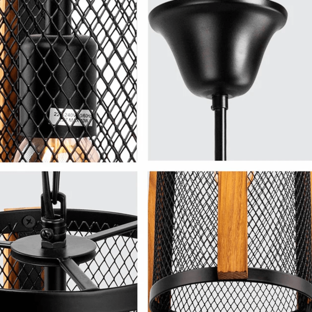 TKLD Pendant & Chandeliers Black Metal Wood Cylinder Cage E27 Pendant Ceiling Light - D210 mm/D350 mm