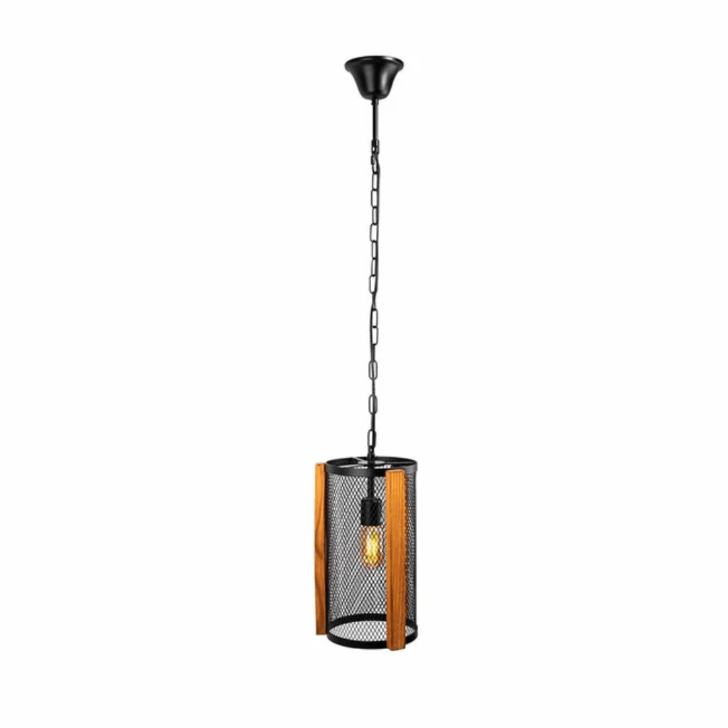 TKLD Pendant & Chandeliers Black Metal Wood Cylinder Cage E27 Pendant Ceiling Light - D210 mm/D350 mm