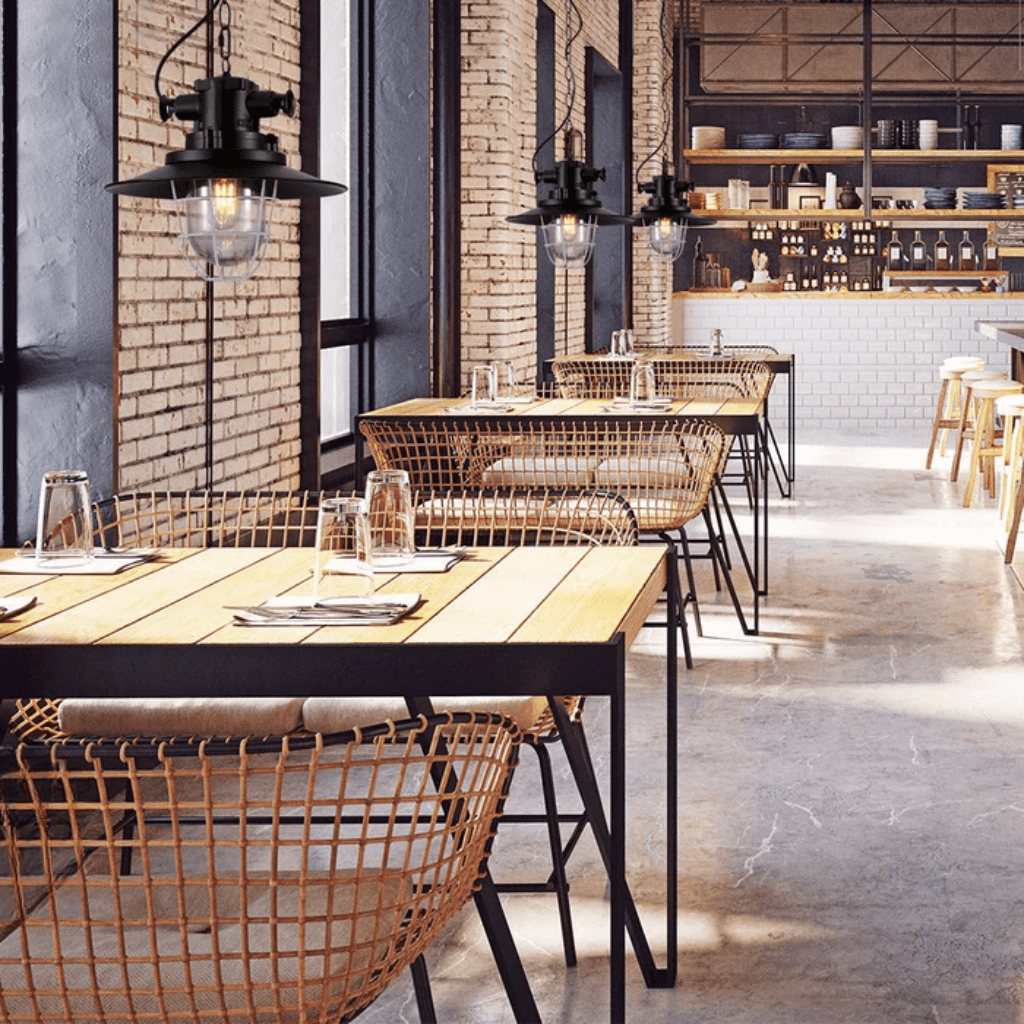 TKLD Pendant & Chandeliers Black Nautical Caged Flat Shade Glass Metal E27 Ceiling Pendant Light