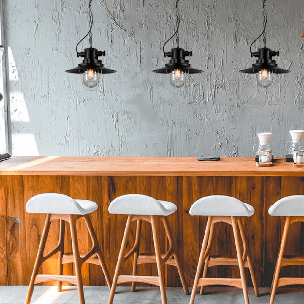 TKLD Pendant & Chandeliers Black Nautical Caged Flat Shade Glass Metal E27 Ceiling Pendant Light