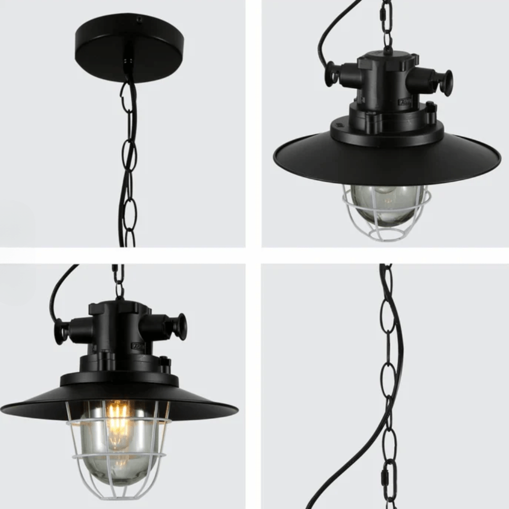 TKLD Pendant & Chandeliers Black Nautical Caged Flat Shade Glass Metal E27 Ceiling Pendant Light