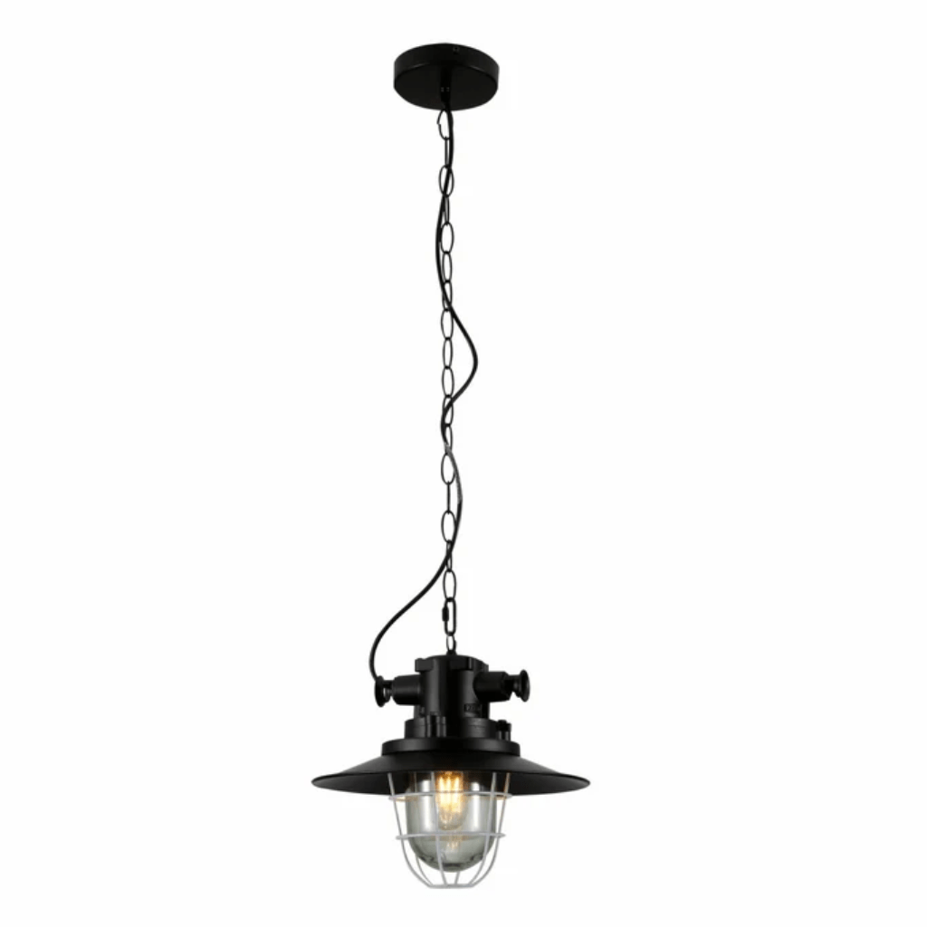 TKLD Pendant & Chandeliers Black Nautical Caged Flat Shade Glass Metal E27 Ceiling Pendant Light