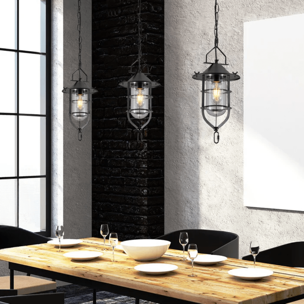 TKLD Pendant & Chandeliers Black Nautical Flat Shade Small Glass Metal E27 Ceiling Pendant Light