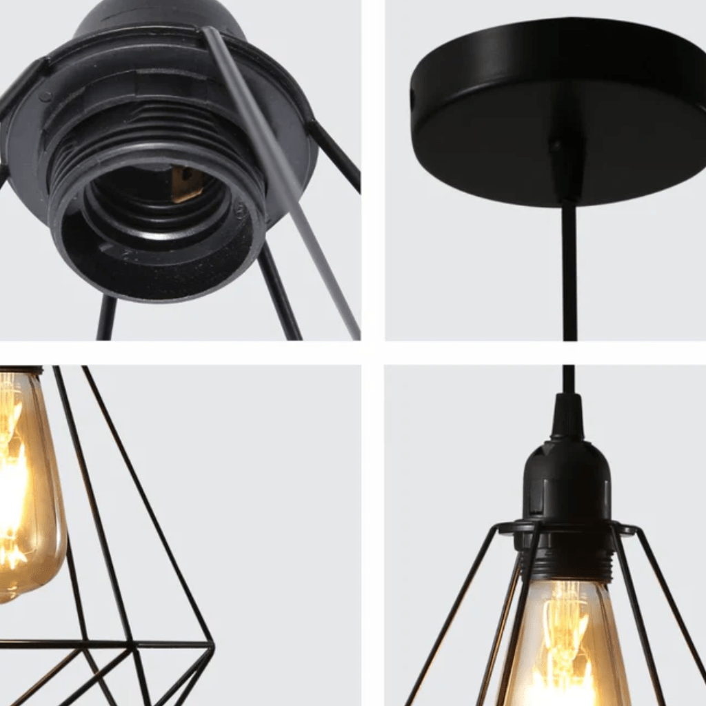 TKLD Pendant & Chandeliers Black Single Metal Diamond Caged Funnel E27 Pendant Ceiling Light