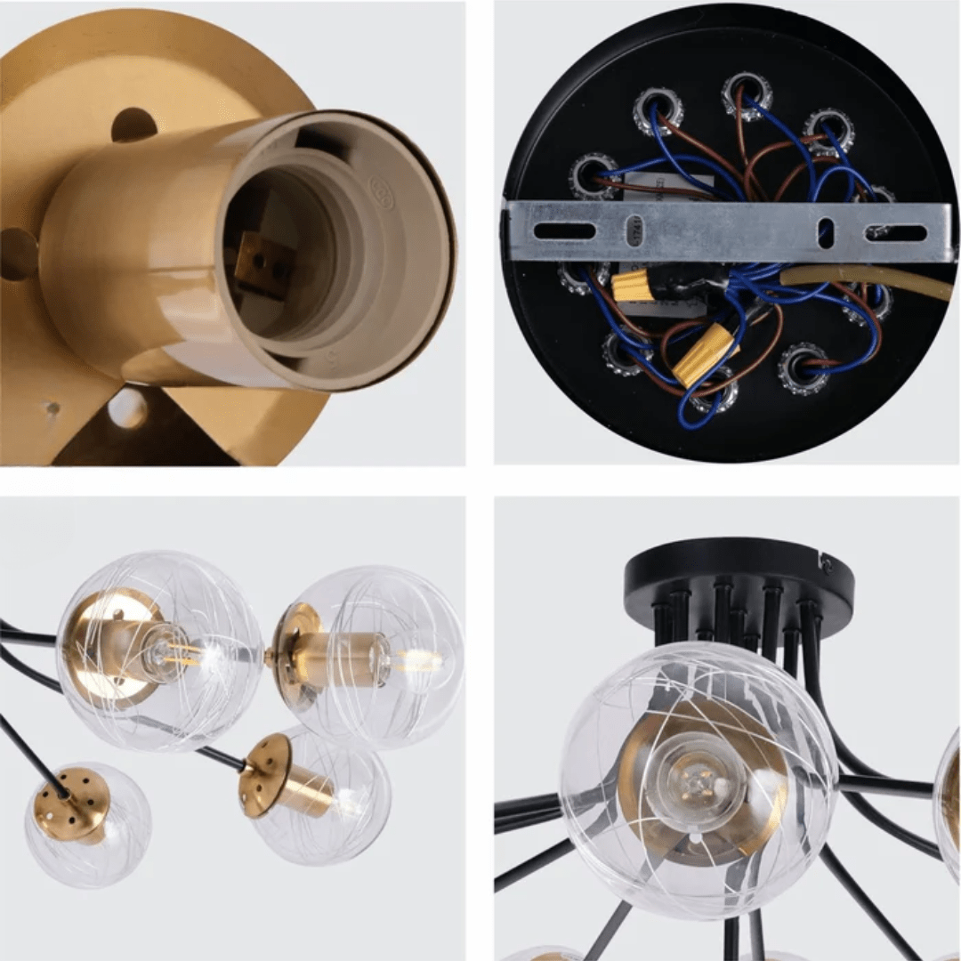 TKLD Ceiling Lights Clear 11 Lamp Globe Glass Black Metal Semi Flush Ceiling Light - 40W