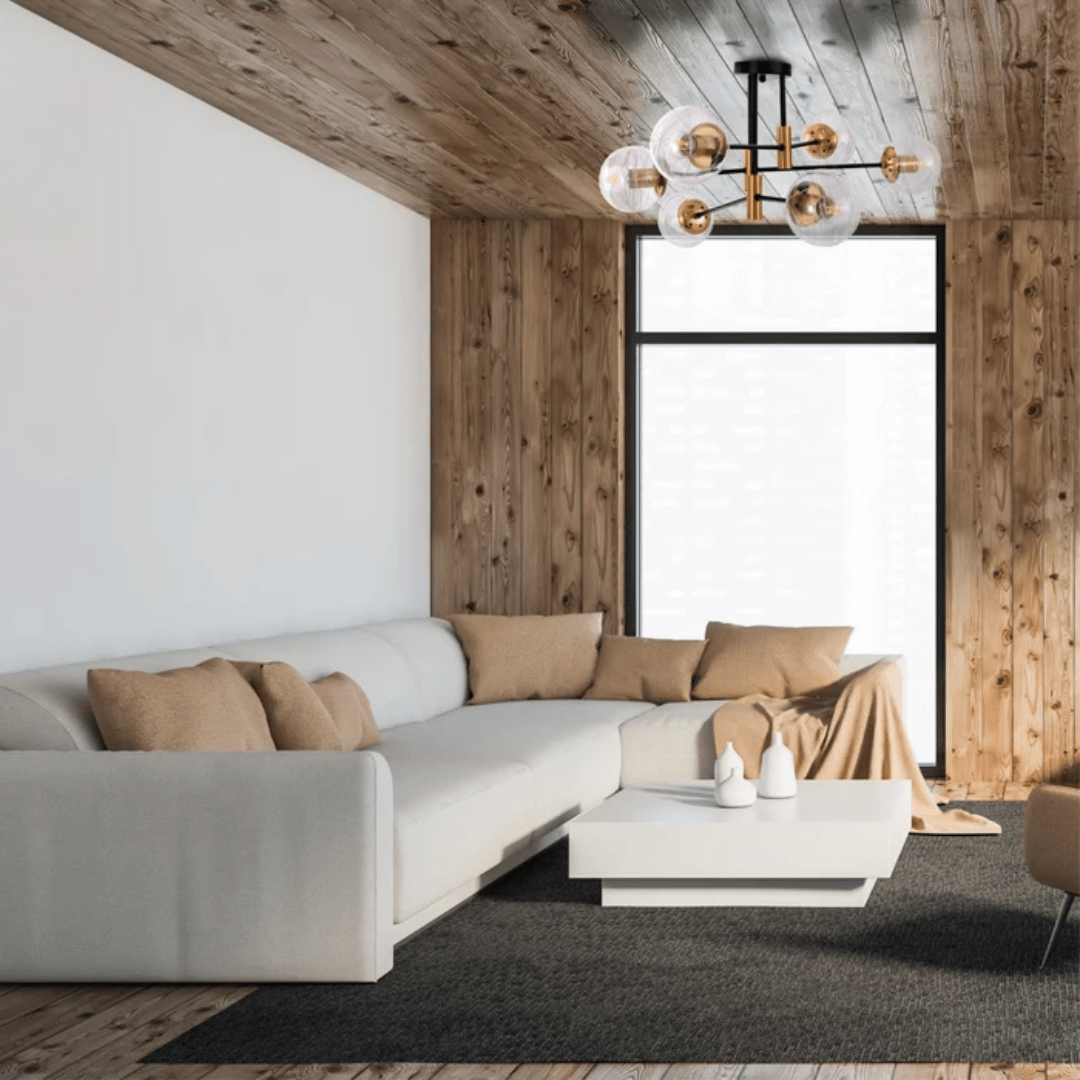 TKLD Ceiling Lights Clear 6 Lamp Glass Globe Gold and Black Metal Semi Flush Ceiling Light - 40W