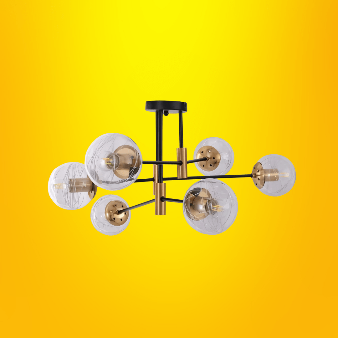 TKLD Ceiling Lights Clear 6 Lamp Glass Globe Gold and Black Metal Semi Flush Ceiling Light - 40W