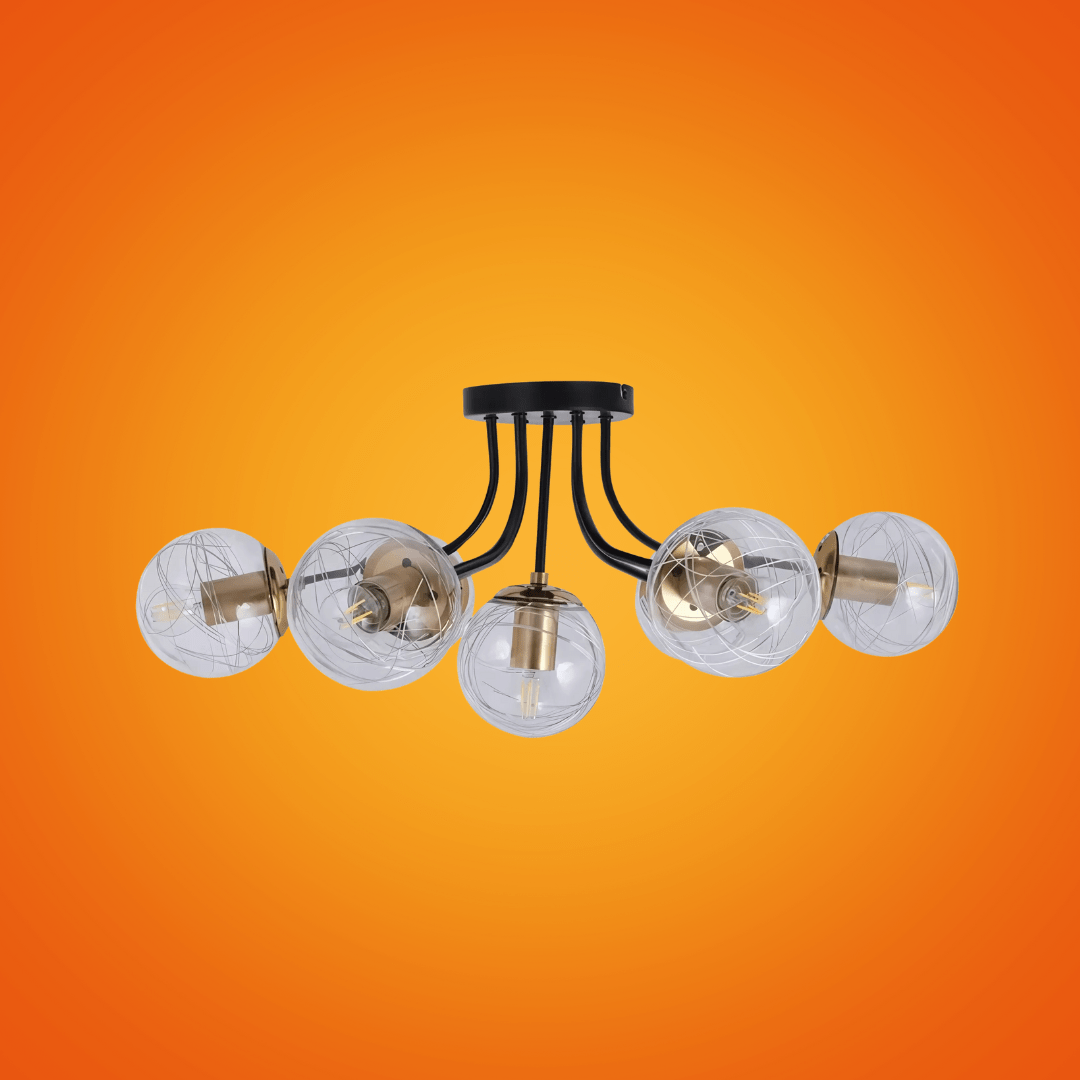 TKLD Ceiling Lights Clear 7 Lamp Globe Glass Black Metal Semi Flush Ceiling Light - 40W