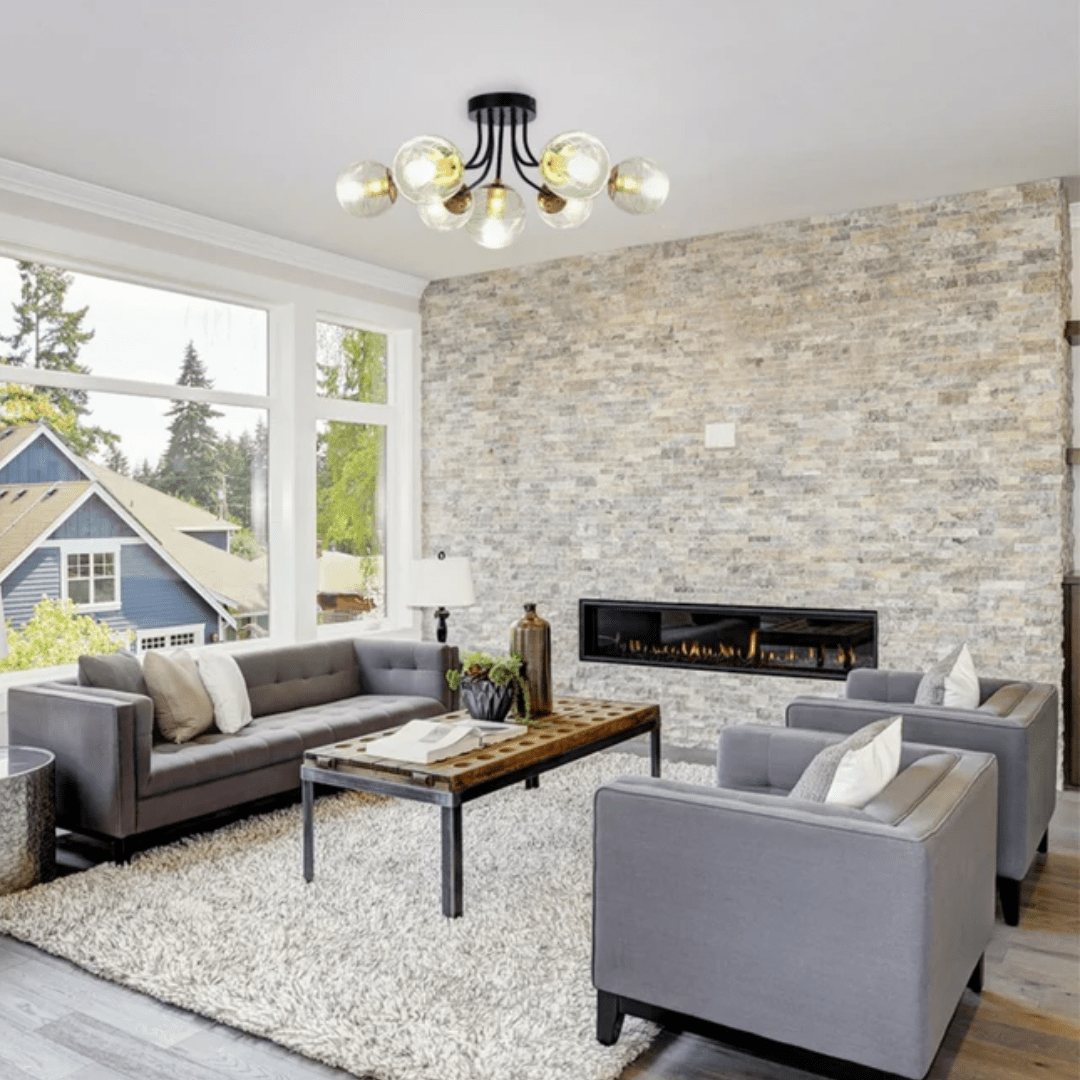 TKLD Ceiling Lights Clear 7 Lamp Globe Glass Black Metal Semi Flush Ceiling Light - 40W