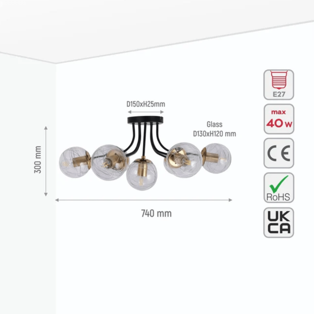 TKLD Ceiling Lights Clear 7 Lamp Globe Glass Black Metal Semi Flush Ceiling Light - 40W