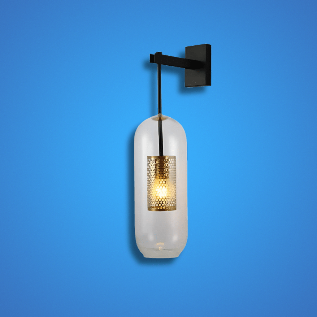 TKLD Wall & Sconce Lights Clear Cylinder Glass Gold Cage Black Body Wall Light E27 Fitting