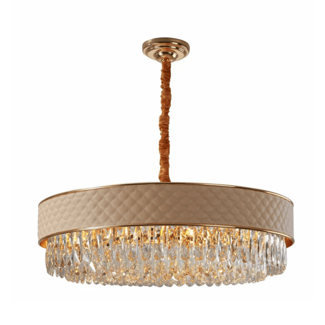 TKLD Pendant & Chandeliers Cream Leather Shade Gold Metal Body Crystal Chandelier Ceiling Light - 40W