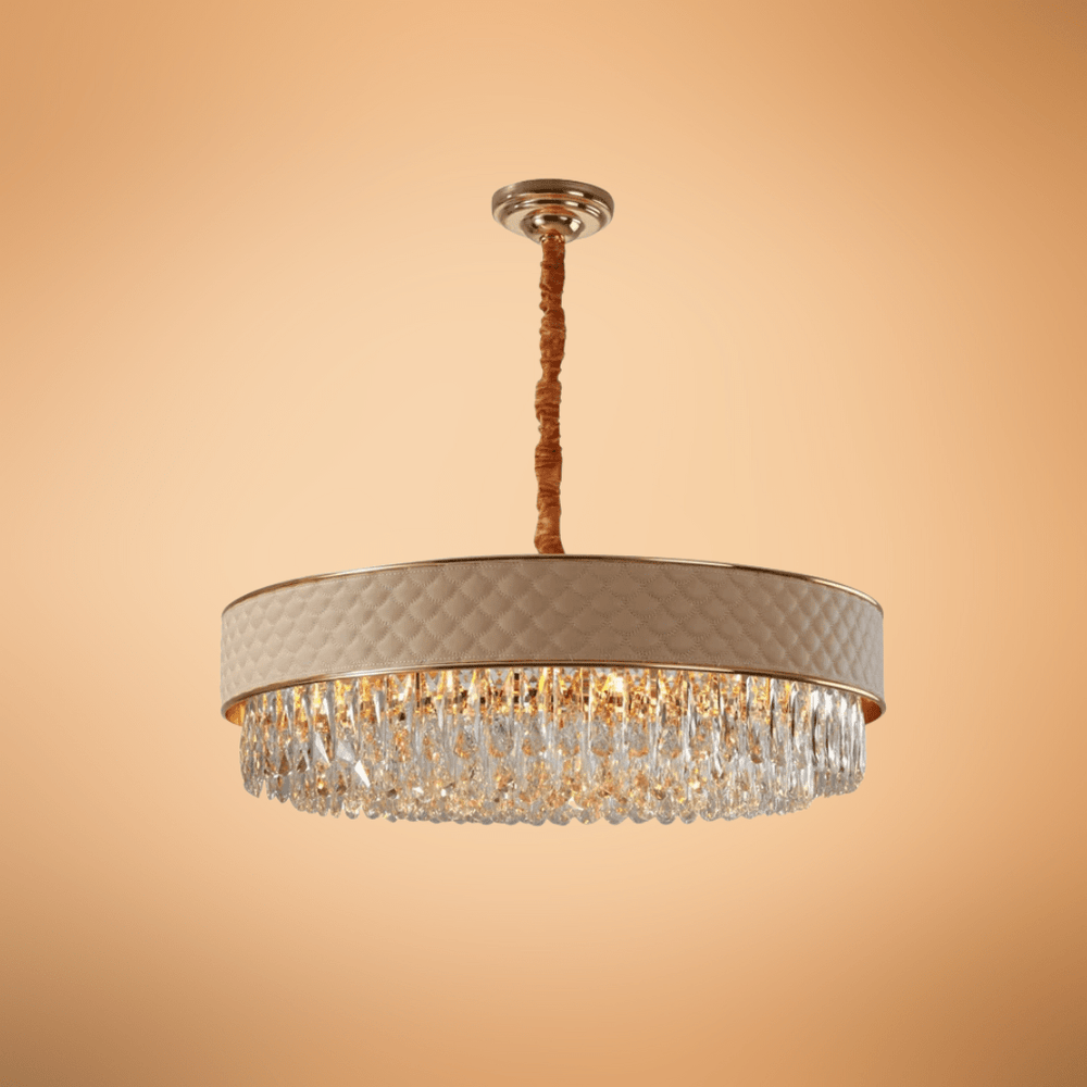 TKLD Pendant & Chandeliers Cream Leather Shade Gold Metal Body Crystal Chandelier Ceiling Light - 40W