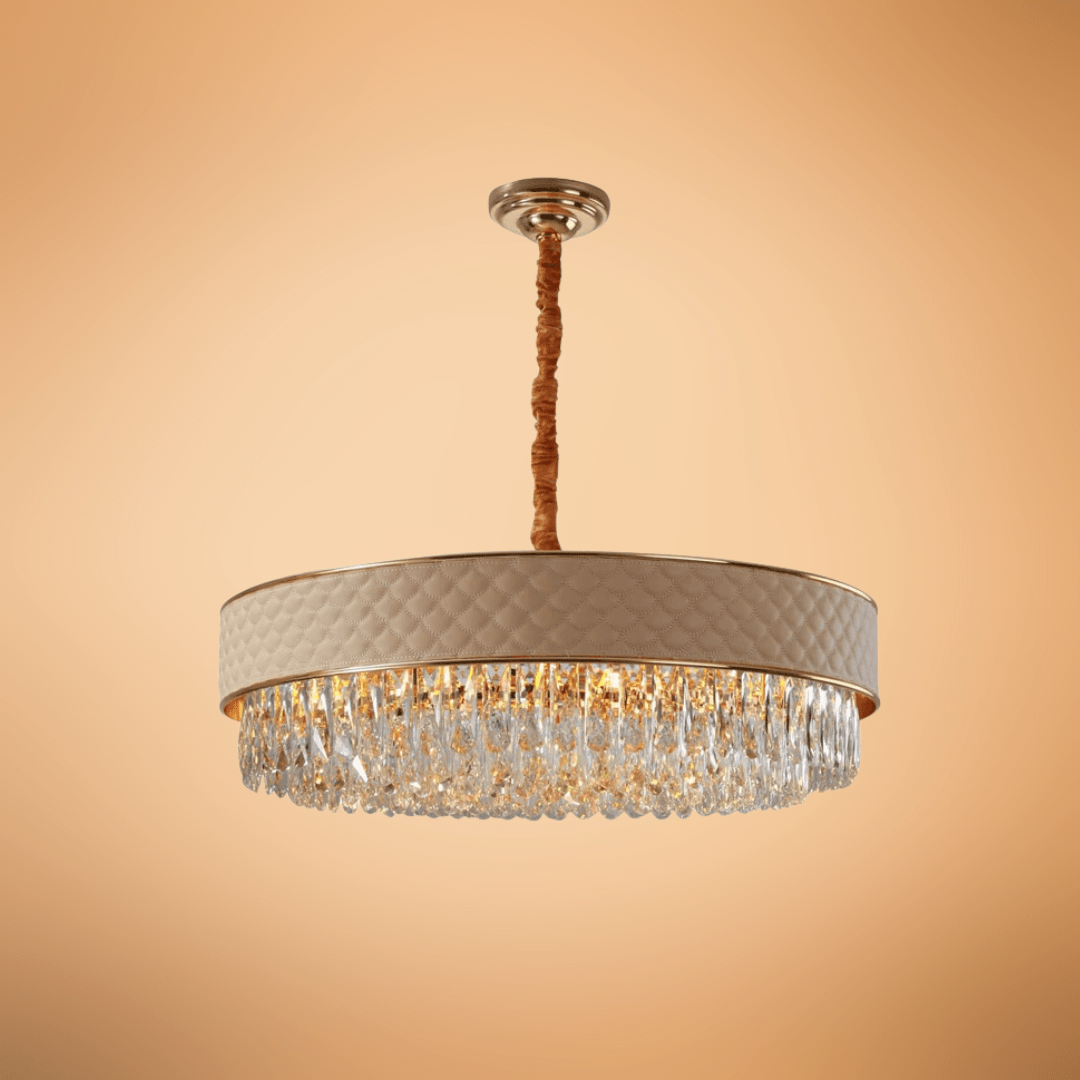 TKLD Pendant & Chandeliers Cream Leather Shade Gold Metal Body Crystal Chandelier Ceiling Light - 40W
