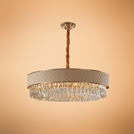 TKLD Pendant & Chandeliers Cream Leather Shade Gold Metal Body Crystal Chandelier Ceiling Light - 40W